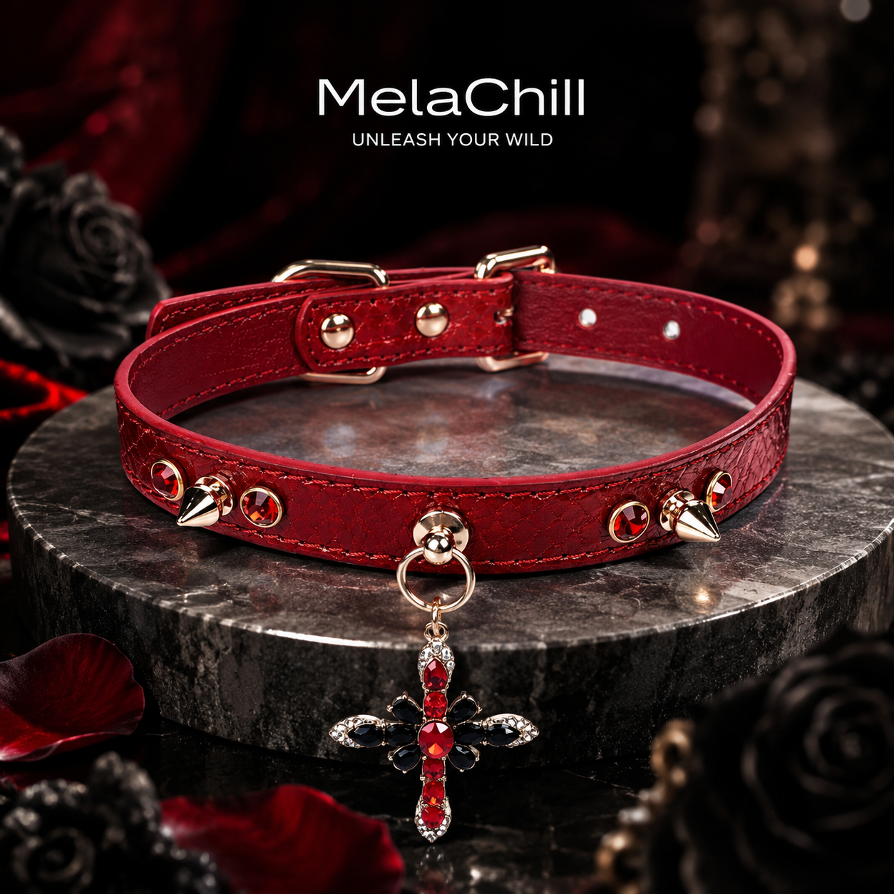 Red Snakeskin Studded Red & Black Crystal Cross Choker