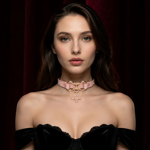 Blush Pinker Rose Goldener Crystal Cross Choker
