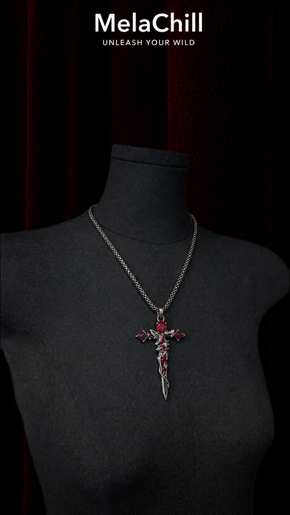 Thorned Red Diamond Holy Sword Cross Cuban Chain Necklace