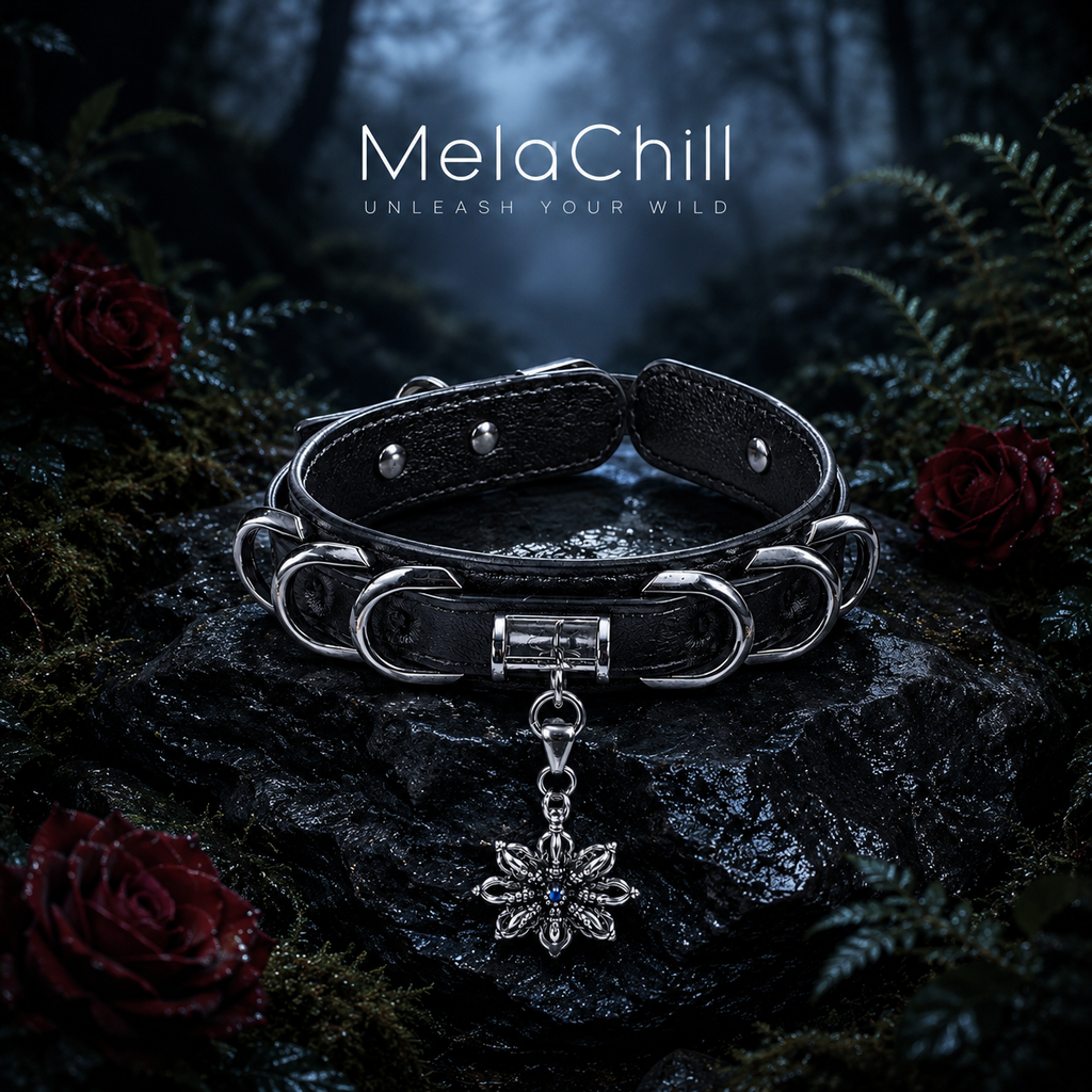 Blue Core Snowflake Pendant Black Leather Choker