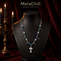 Blue Bead Thorn Spike Carved Cross Choker
