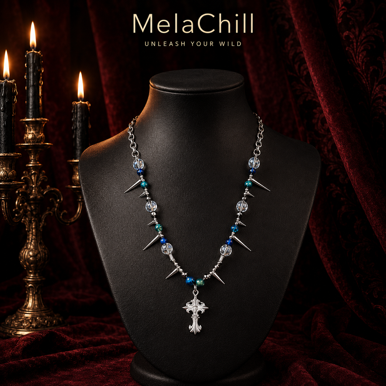 Blue Bead Thorn Spike Carved Cross Choker