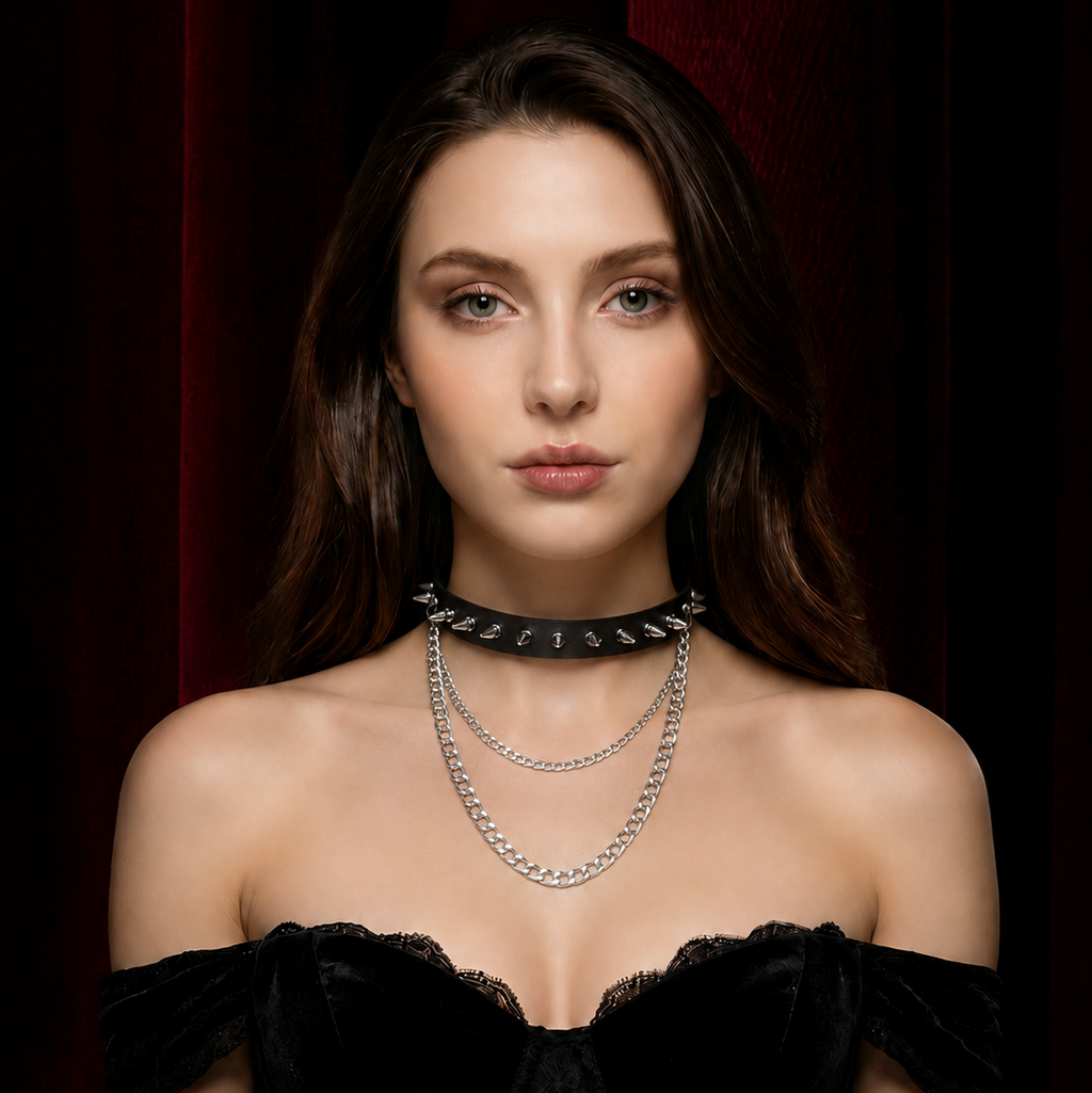 Schwarzer Spike Choker | Double Kette Gothic Collar