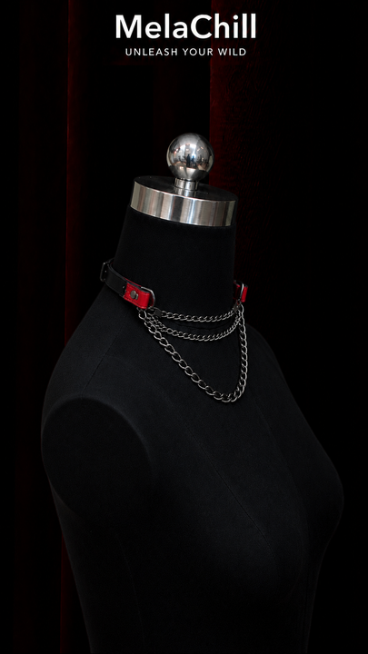 Black Red Gothic Triple Layer Chain Choker Necklace | Black Faux Leather Collar with Red Wrap Cuffs & Gunmetal Multi-Layer Chains