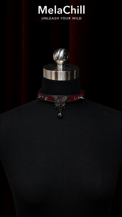 Black Red Gothic Spike Butterfly Bell Choker Necklace | Red Snake Embossed Faux Leather Collar with Antique Butterfly Ornament & Metal Bell Drop