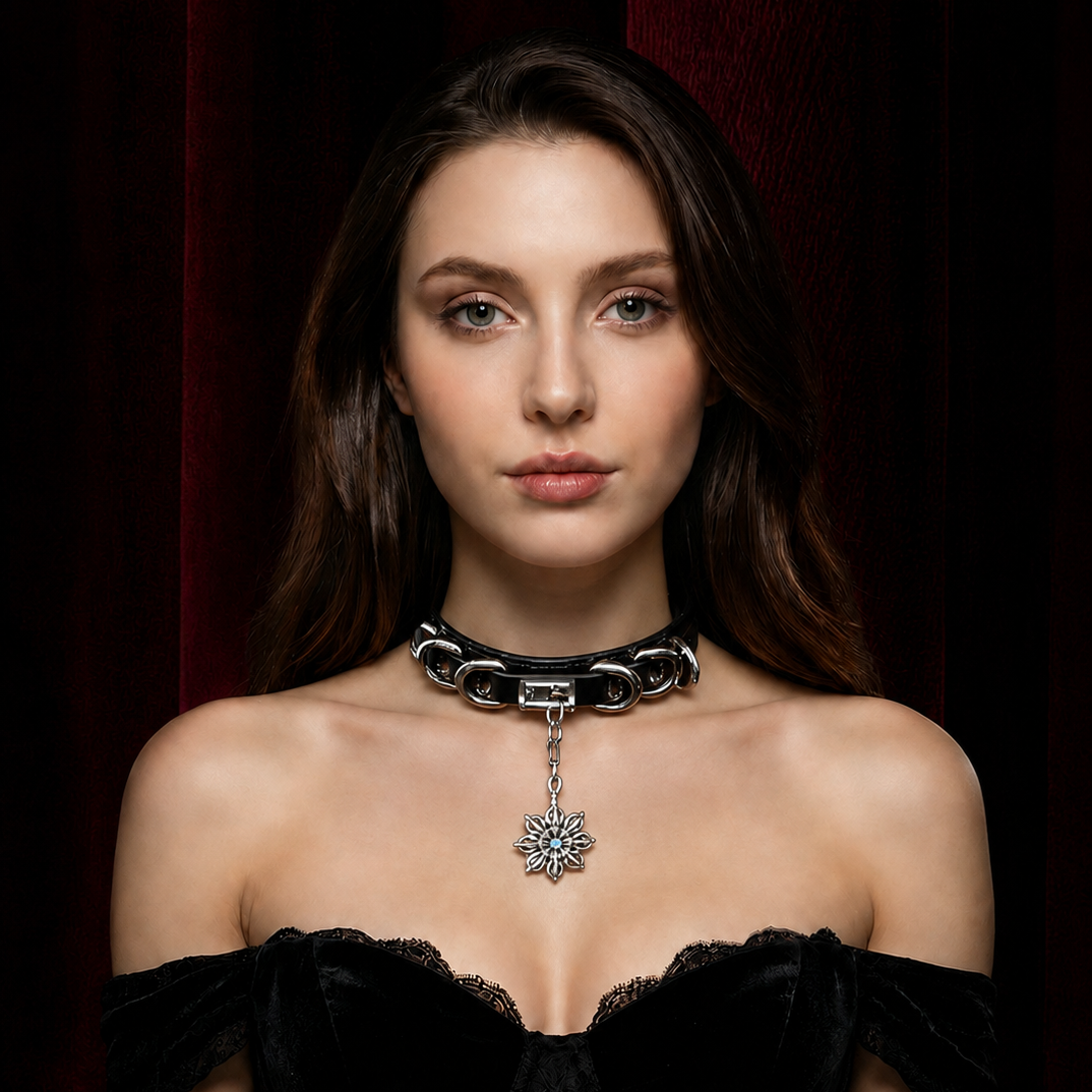 Blue Core Snowflake Pendant Black Leather Choker