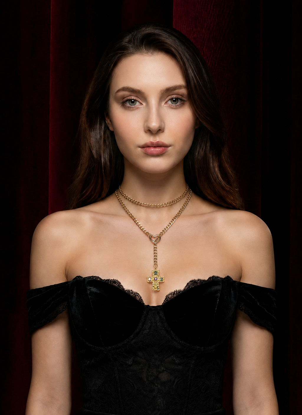 Vintage Gemstone Double-Layer Cross Layering Necklace — Gothic Metal Chain