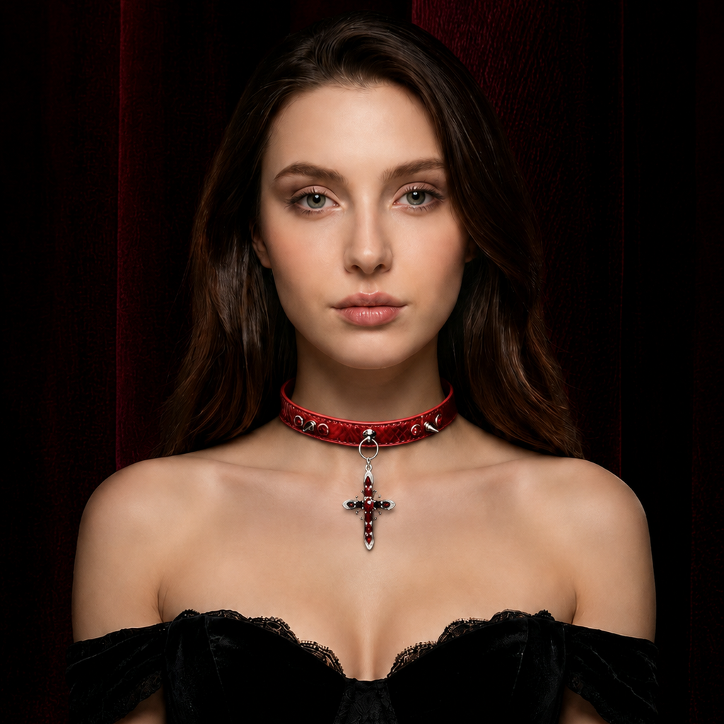 Rojo Snakeskin Studded Rojo & Negro Crystal Cross Choker