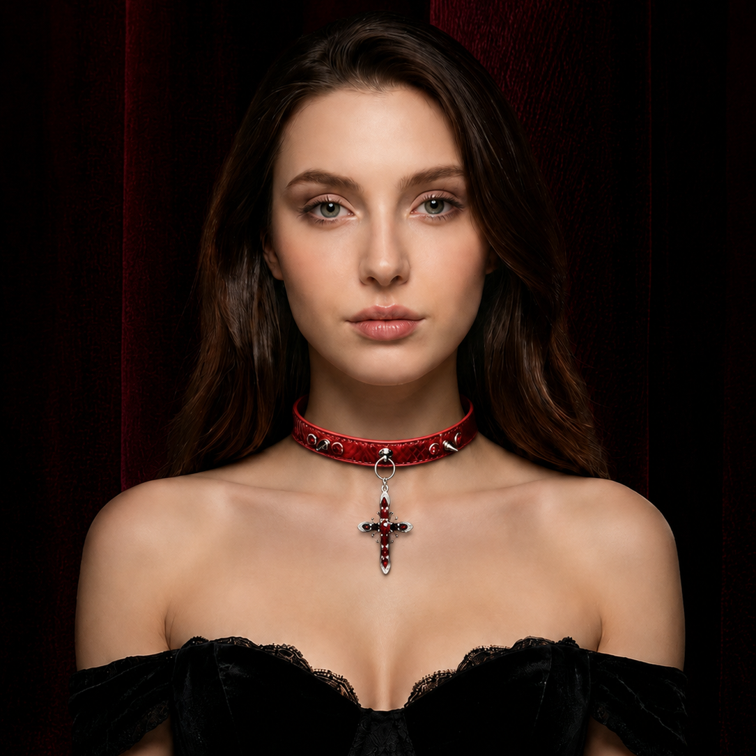 Red Snakeskin Studded Red & Black Crystal Cross Choker