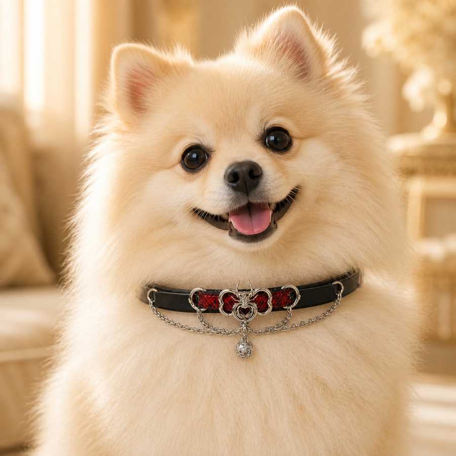 Crimson Wing Dog Collar with Heritage Emblem and Silver Chains