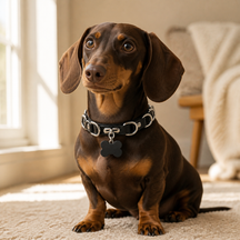 Obsidian Silver-Ring Dog Collar with Bone Tag