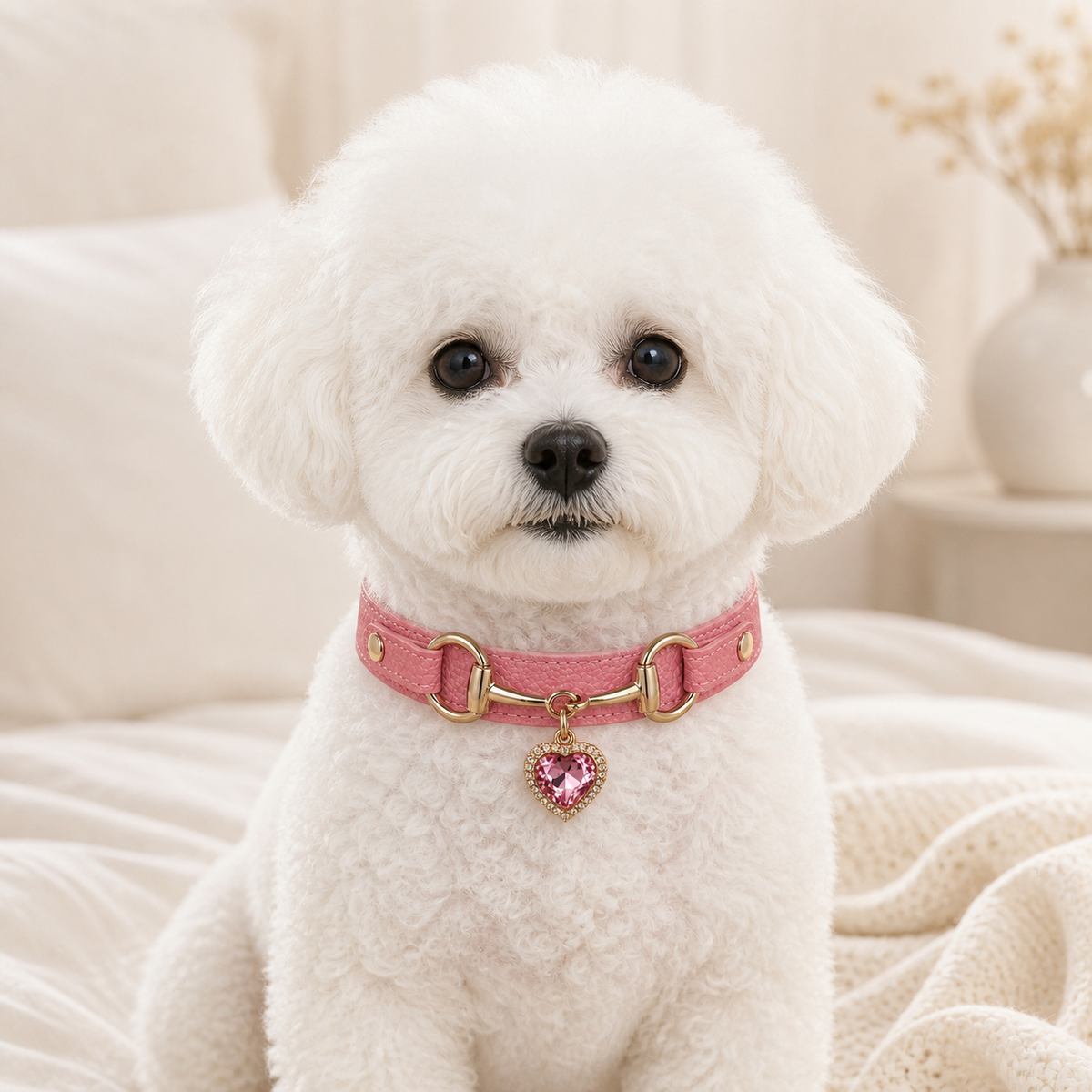 Rose Heart Dog Collar with Gold-Tone Bit and Crystal Charm