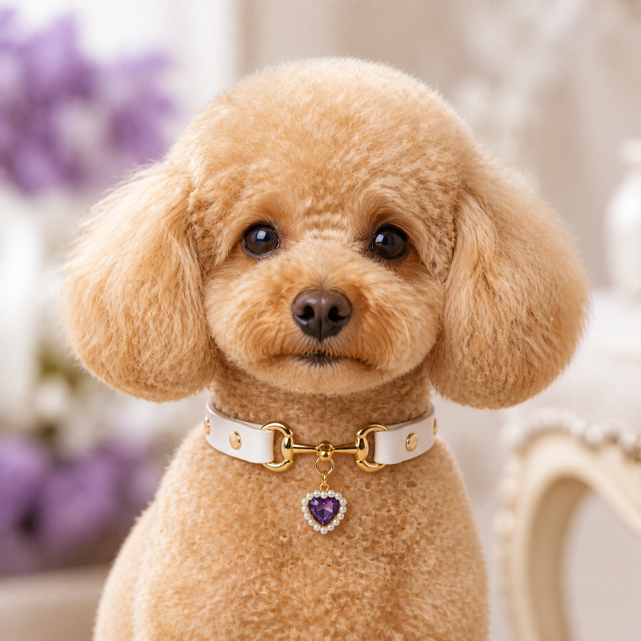 Amethyst Heart White Dog Collar with Gold-Tone Hardware and Pearl Halo Charm