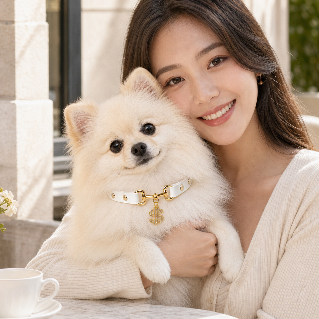 Golden Fortune White Dog Collar with Crystal Dollar Charm