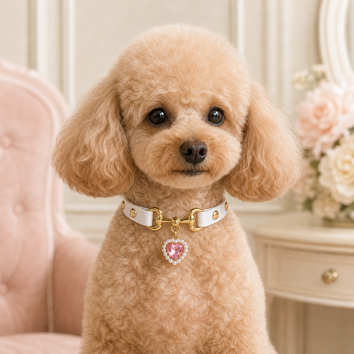 Pearl Heart White Dog Collar with Pink Crystal Charm