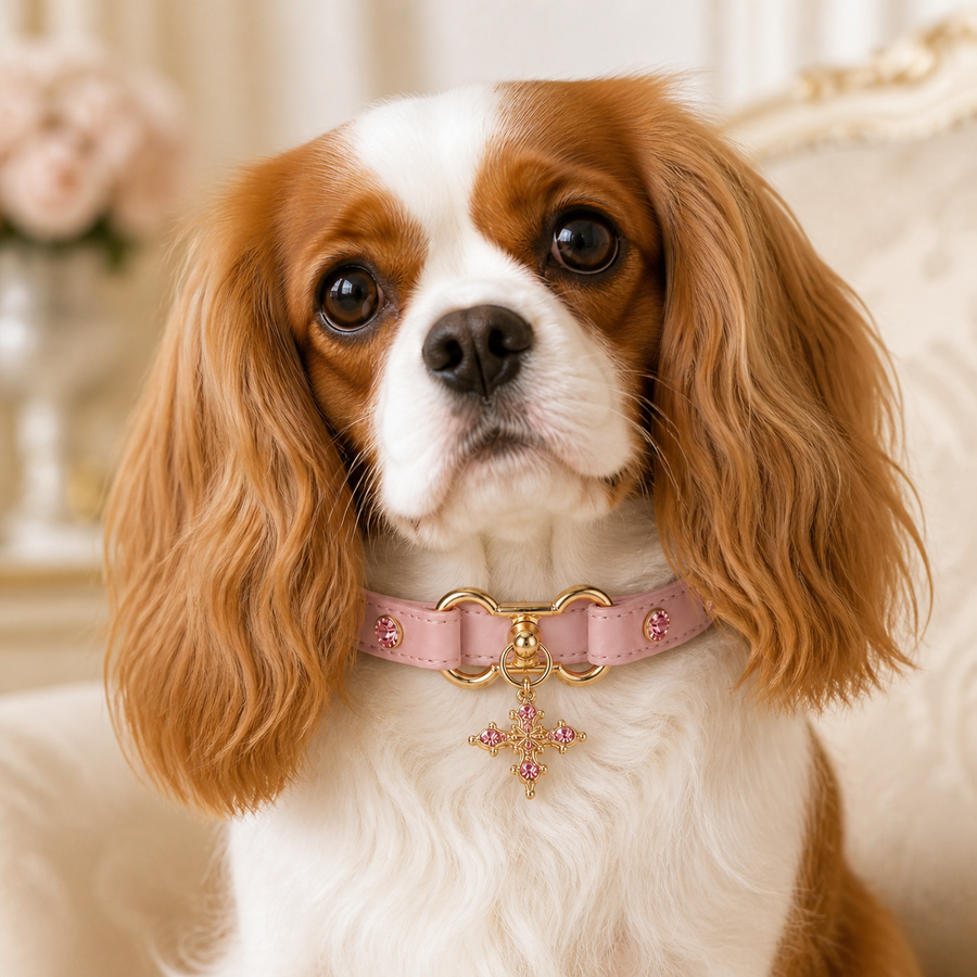 Blush Radiance Dog Collar with Pink Crystals and Gold Cross Charm