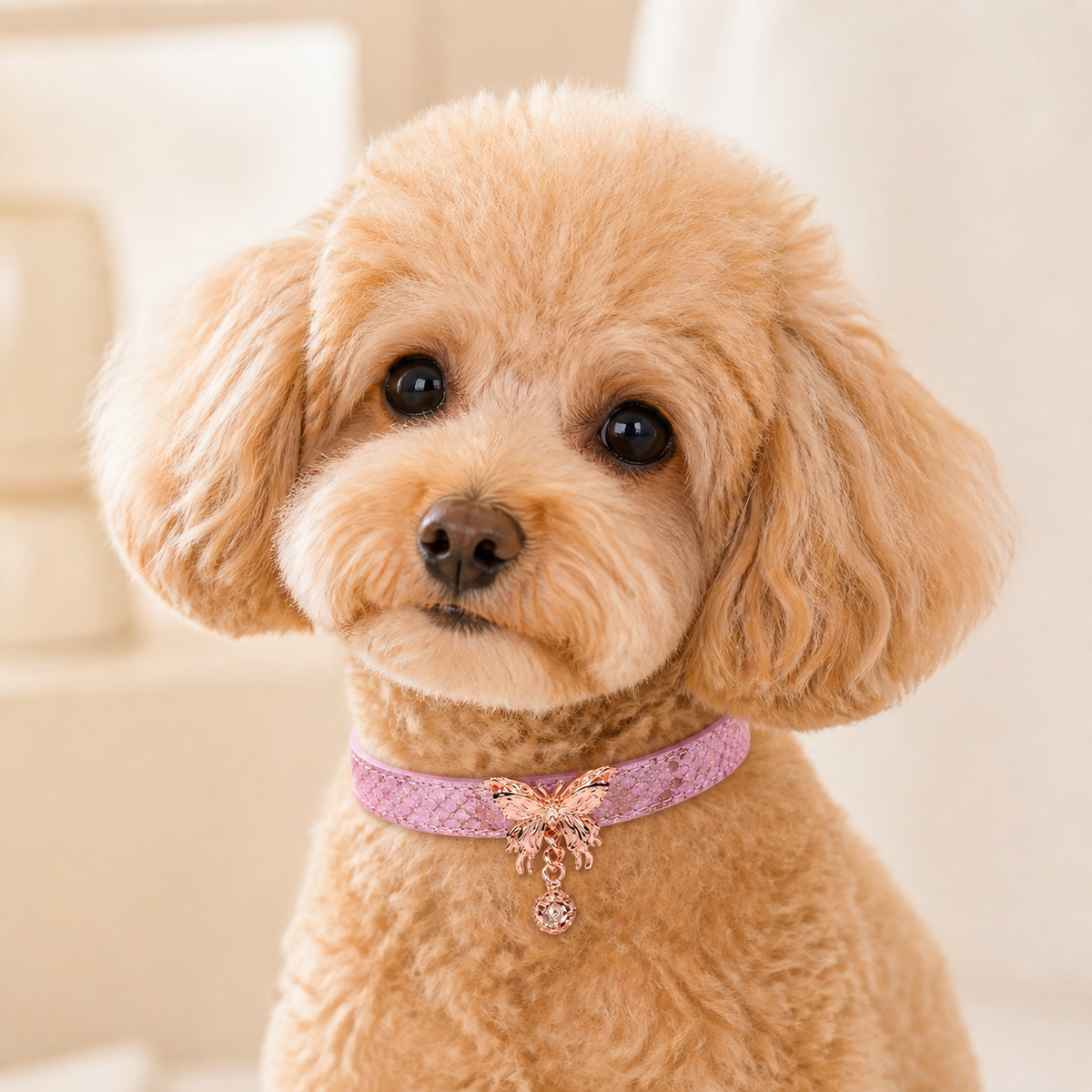 Flutter Glow Pink Dog Collar with Rose-Gold Butterfly Charm