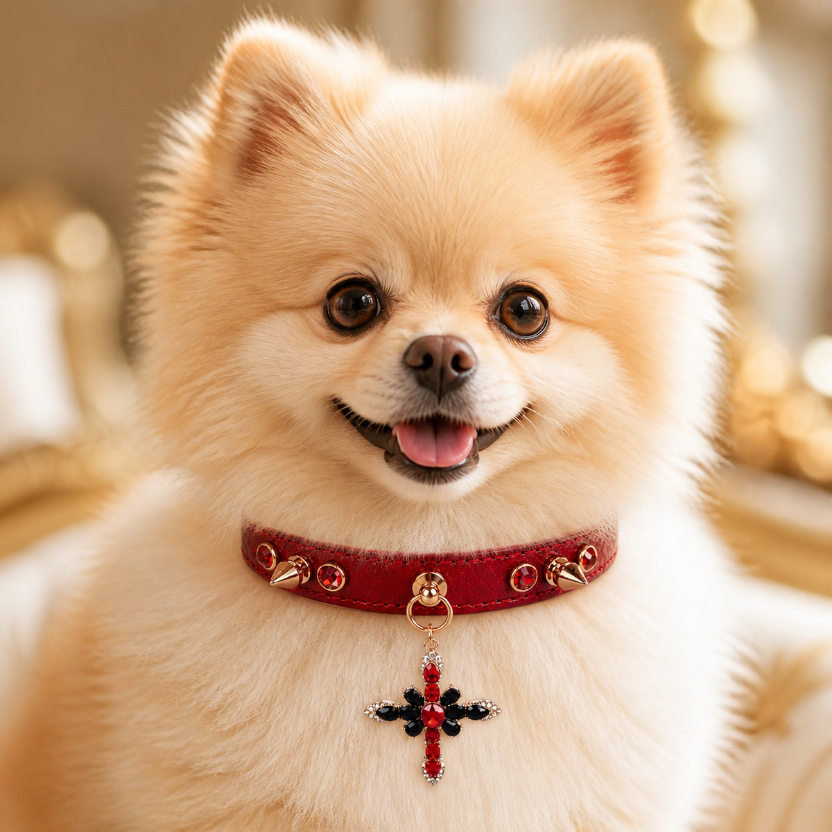 Crimson Flame Dog Collar with Gold Spikes and Jeweled Cross Charm