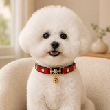 Crimson Regent Dog Collar with Gold Studs and Bell Charm