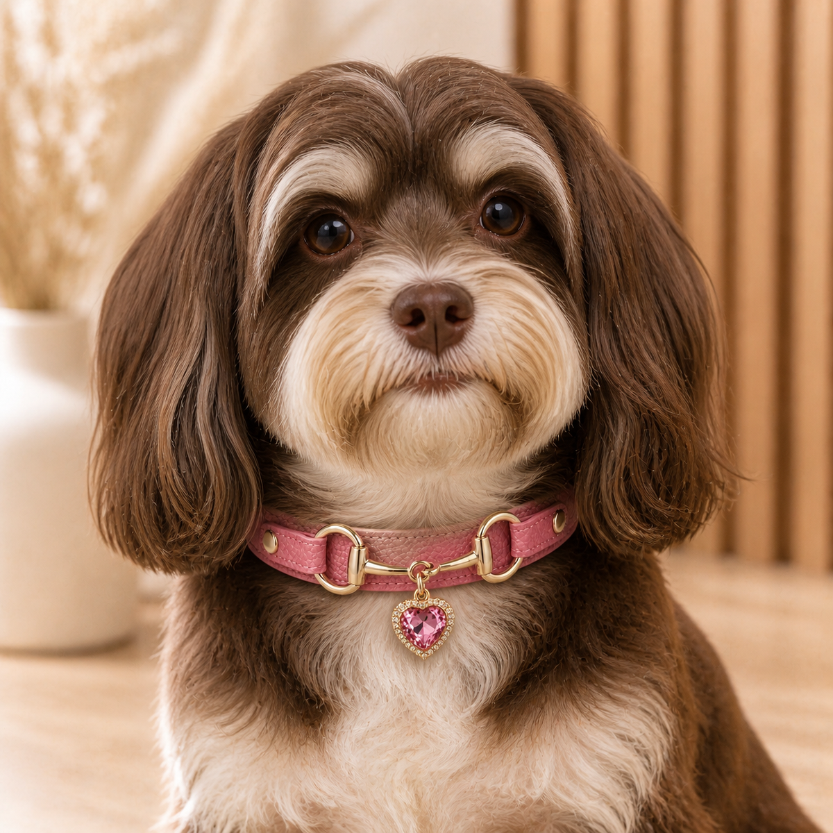 Rose Heart Dog Collar with Gold-Tone Bit and Crystal Charm