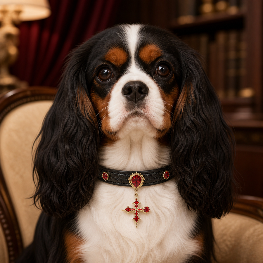 Crimson Crest Dog Collar with Red Crystals and Heritage Cross