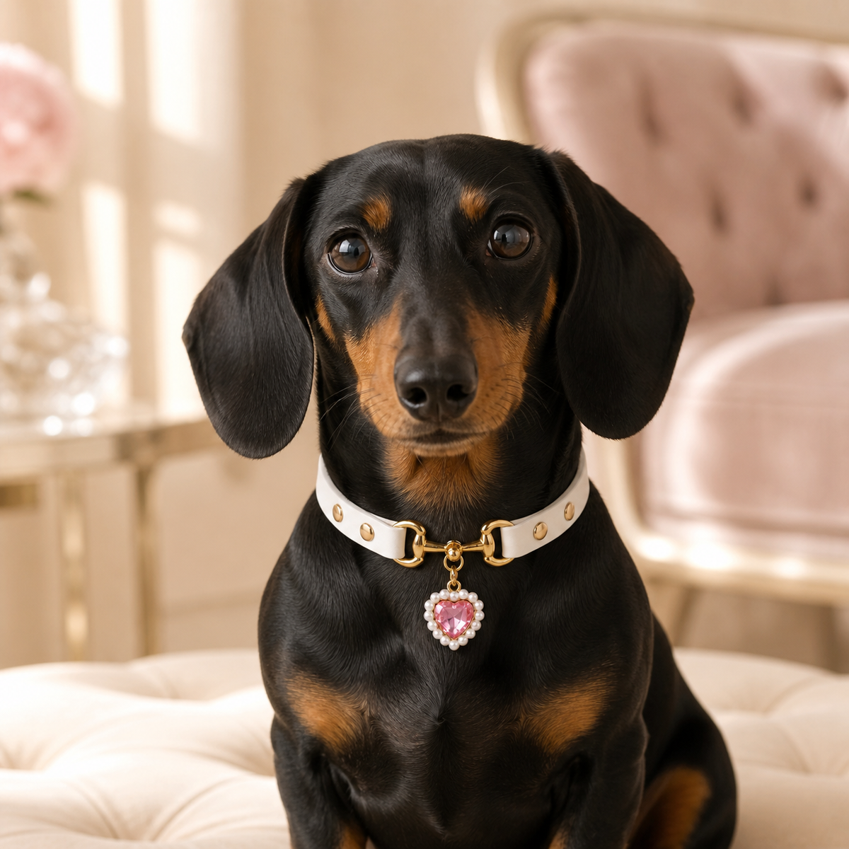 Pearl Heart White Dog Collar with Pink Crystal Charm