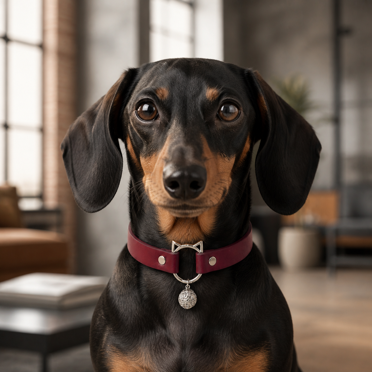 Burgundy Playful-Ear Dog Collar with Filigree Charm