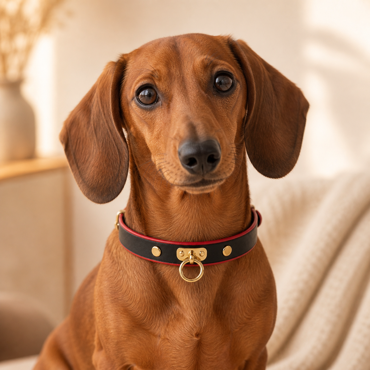 Crimson Edge Dog Collar with Black Finish and Gold Ring Detail