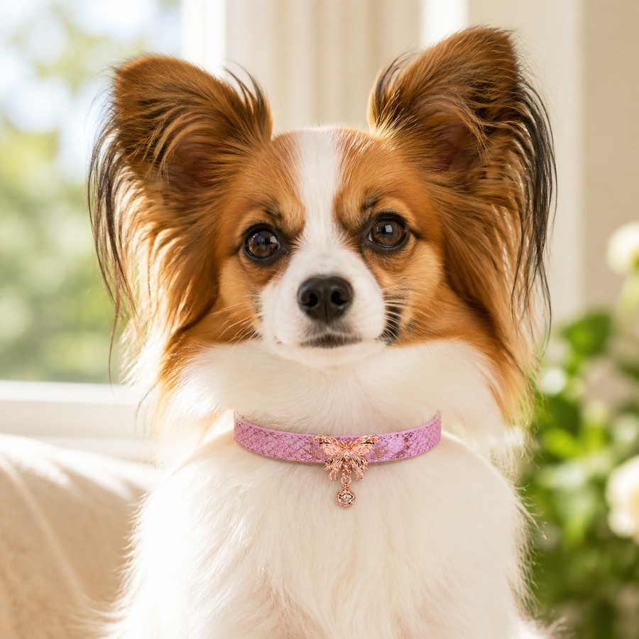 Flutter Glow Pink Dog Collar with Rose-Gold Butterfly Charm