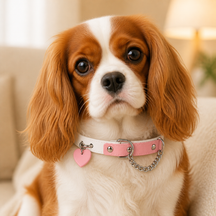 Peach Heart Dog Collar with Pink-and-White Design and Silver Chain