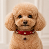 Crimson Flame Dog Collar with Gold Spikes and Jeweled Cross Charm