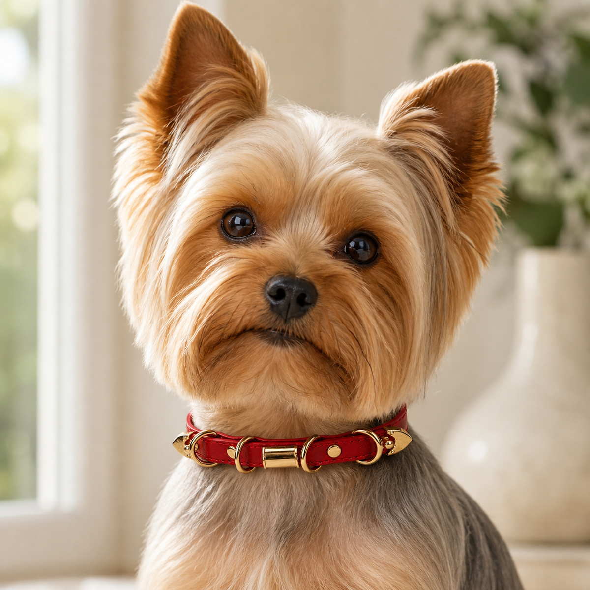 Crimson Link Dog Collar with Layered Gold Rings