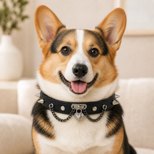 Obsidian Heart-Lock Dog Collar with Silver Spikes and Double Chains