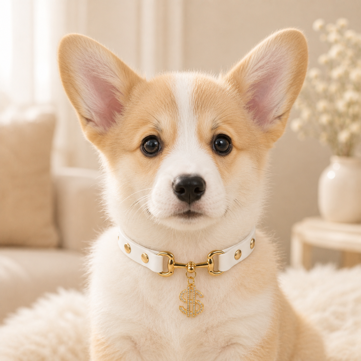 Golden Fortune White Dog Collar with Crystal Dollar Charm