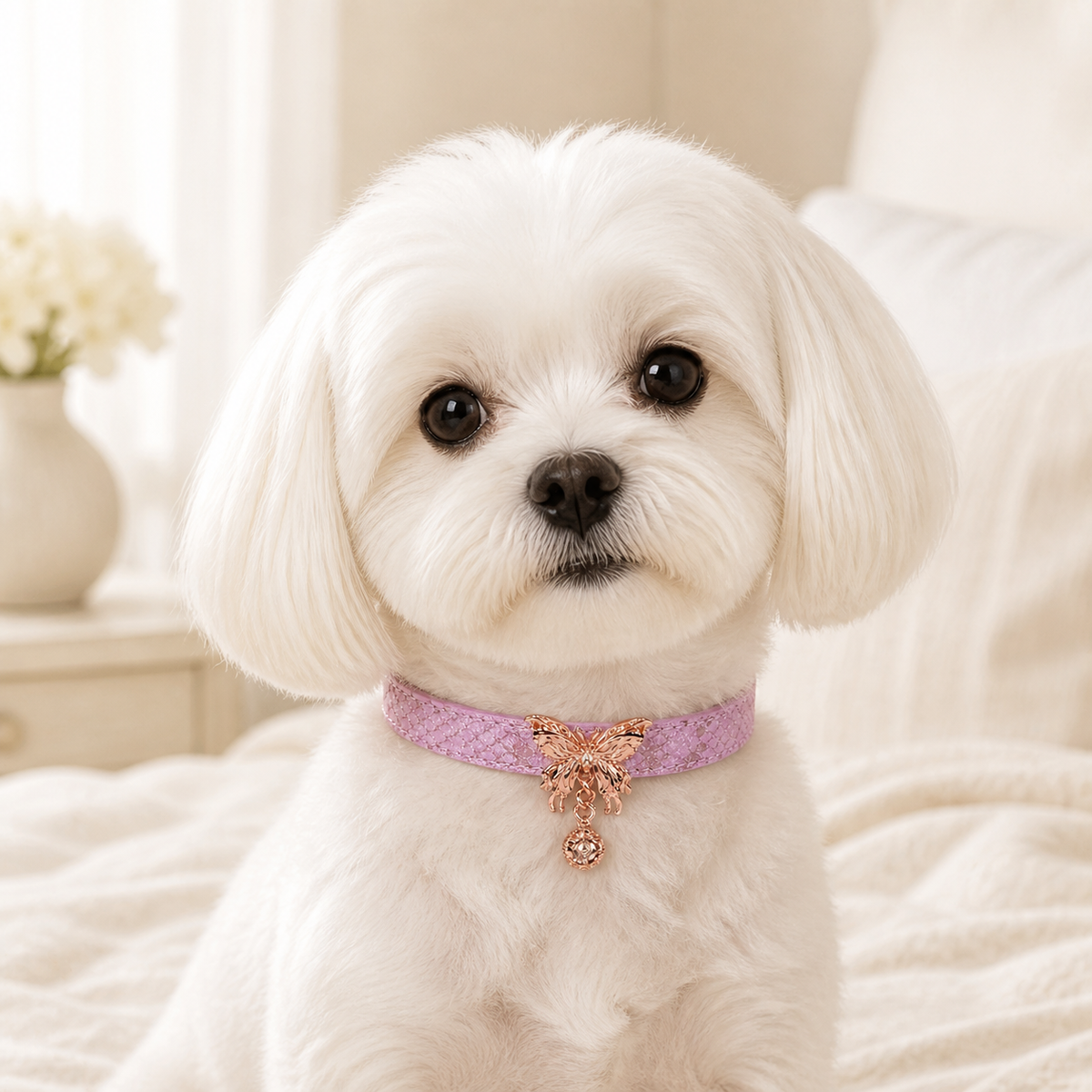 Flutter Glow Pink Dog Collar with Rose-Gold Butterfly Charm