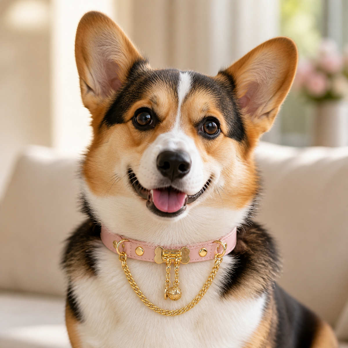 Peach Bone Dog Collar with Gold-Tone Clasp and Draped Chain