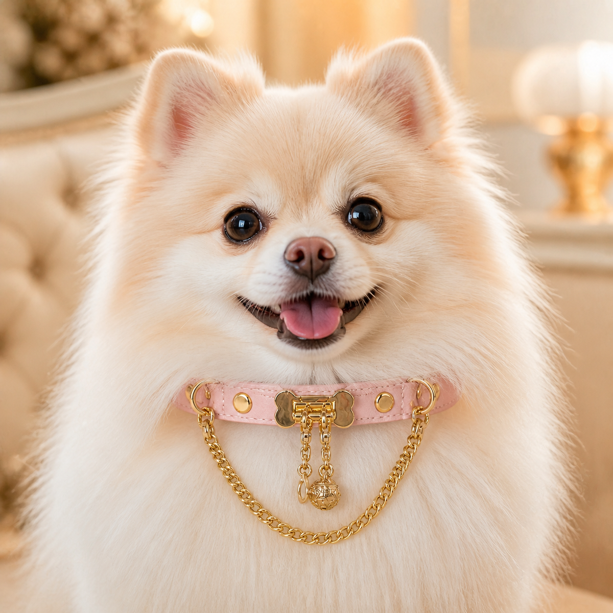 Peach Bone Dog Collar with Gold-Tone Clasp and Draped Chain