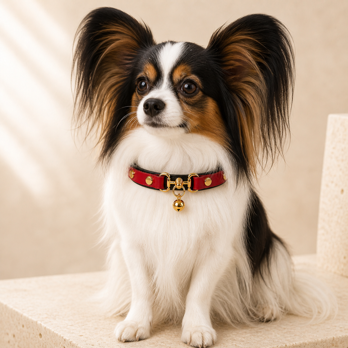 Crimson Regent Dog Collar with Gold Studs and Bell Charm