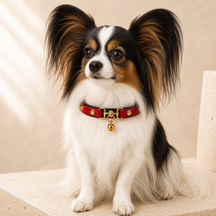 Crimson Regent Dog Collar with Gold Studs and Bell Charm