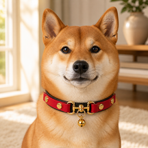 Crimson Regent Dog Collar with Gold Studs and Bell Charm