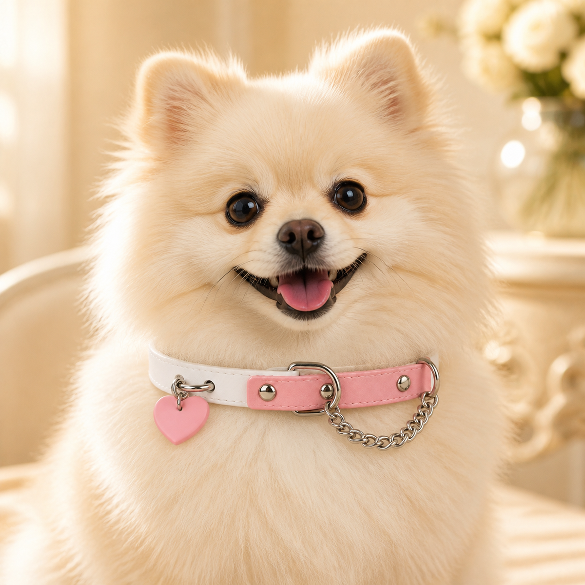 Peach Heart Dog Collar with Pink-and-White Design and Silver Chain