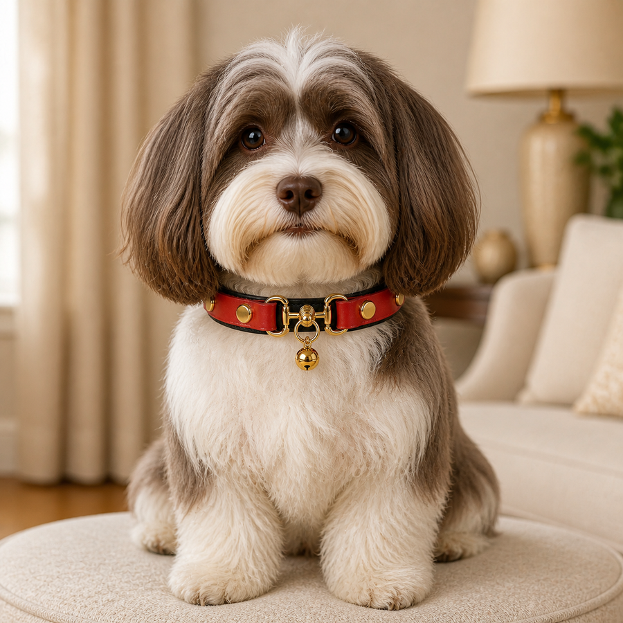 Crimson Regent Dog Collar with Gold Studs and Bell Charm