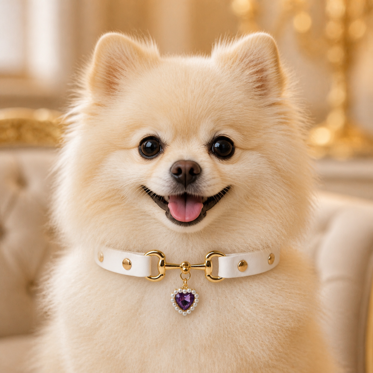 Amethyst Heart White Dog Collar with Gold-Tone Hardware and Pearl Halo Charm