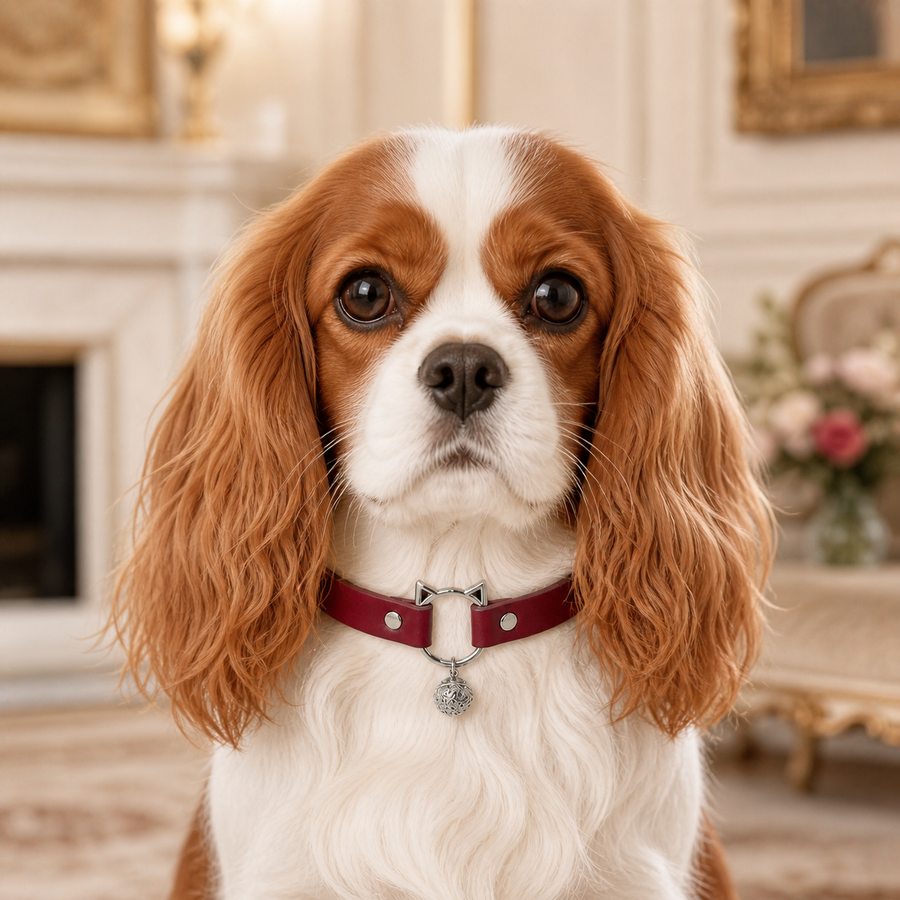 Burgundy Playful-Ear Dog Collar with Filigree Charm