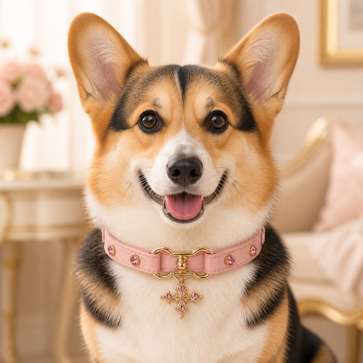 Blush Radiance Dog Collar with Pink Crystals and Gold Cross Charm