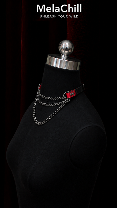 Black Red Gothic Triple Layer Chain Choker Necklace | Black Faux Leather Collar with Red Wrap Cuffs & Gunmetal Multi-Layer Chains