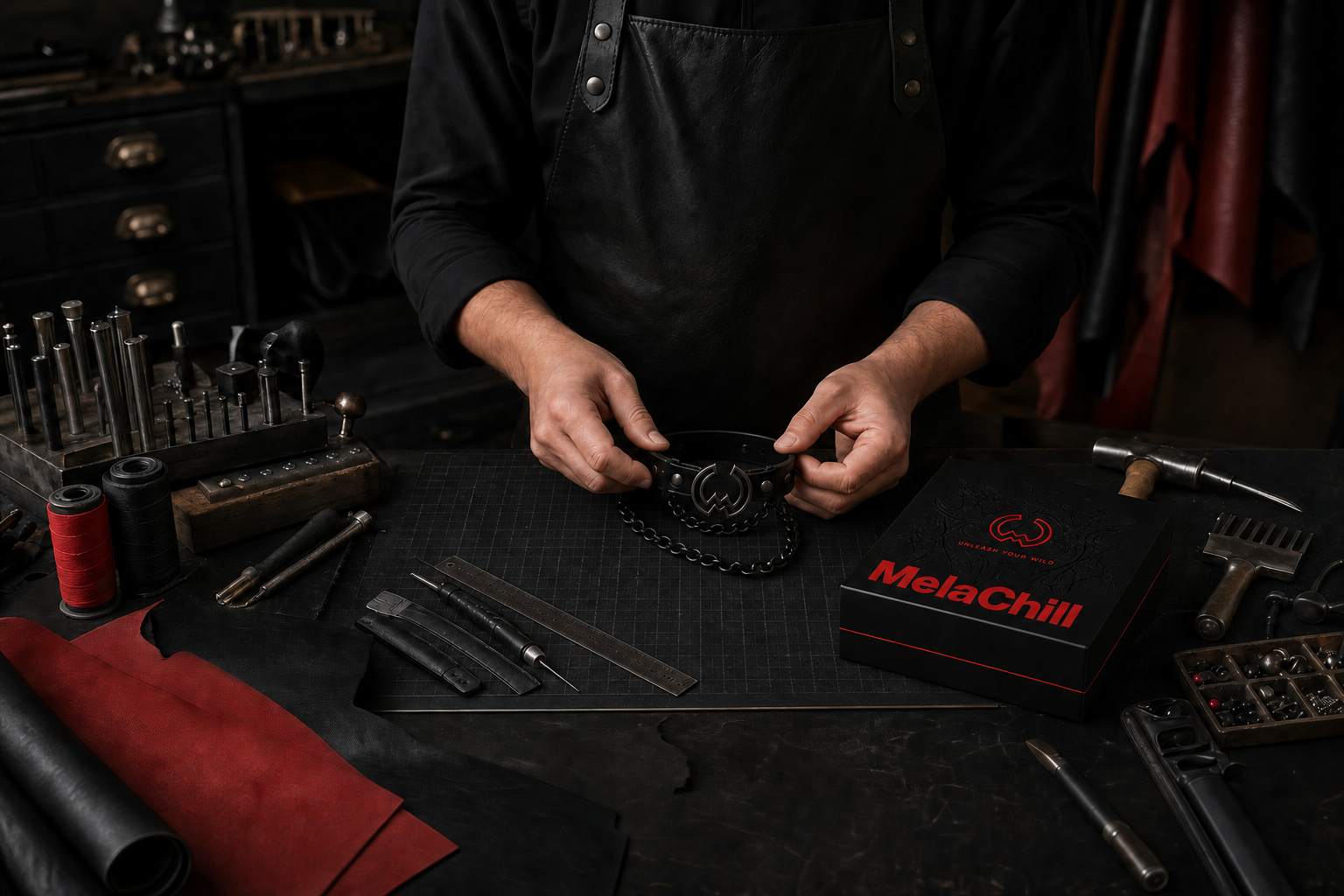 MelaChill custom choker workshop with black and red packaging