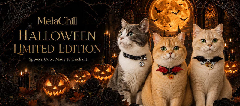 MelaChill Halloween Limited Edition. Spooky Cute. Made to Enchant. Three cats wearing Halloween collars beside glowing pumpkins and an orange moon.
