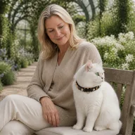 White cat wearing a MelaChill pet collar in a garden