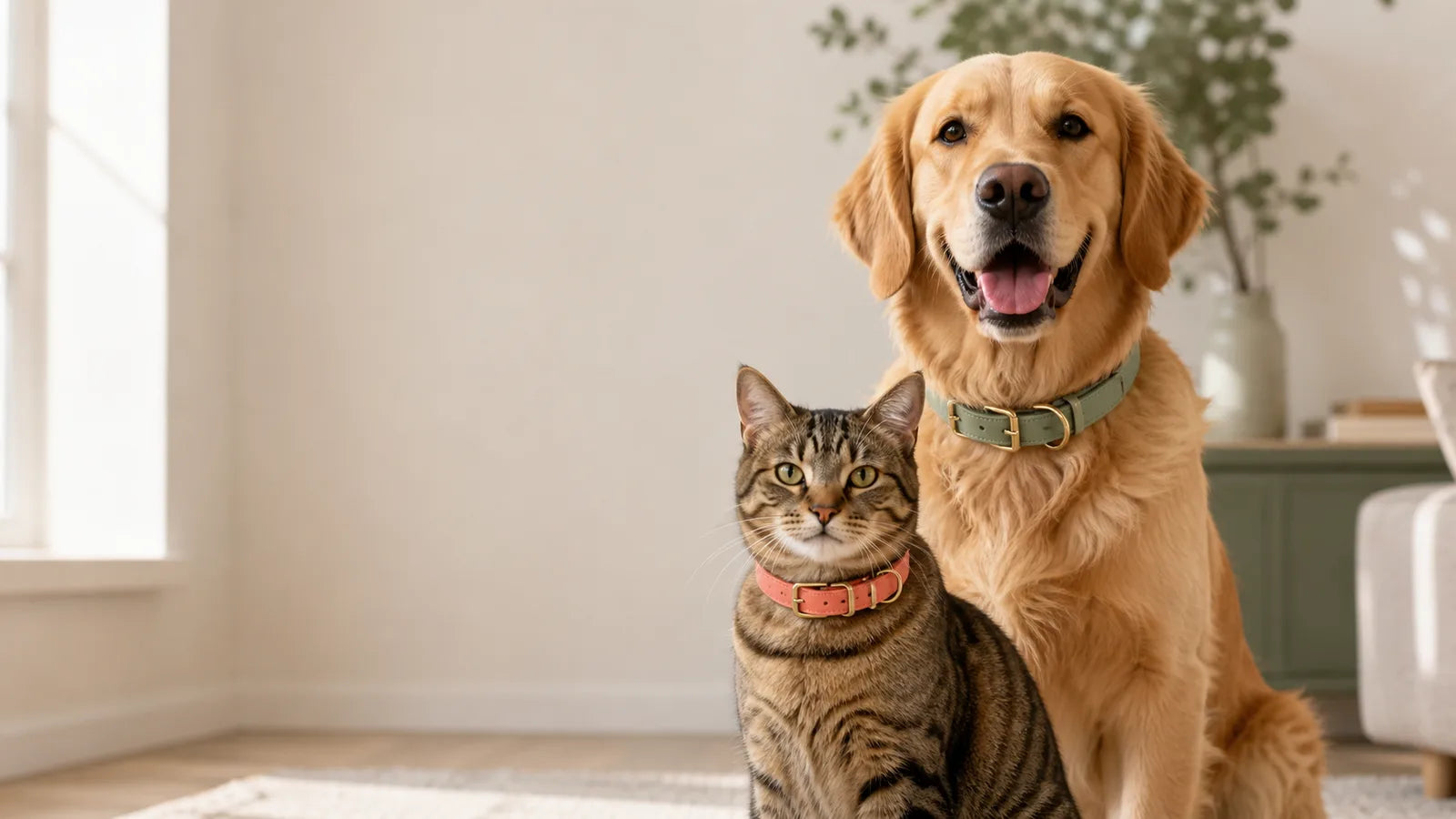 Dog and cat together in warm natural light